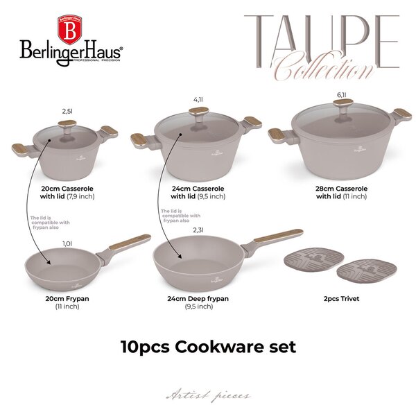 Berlinger Haus BH-8343 Taupe Nordic Collection 10 részes Edénykészlet, Matt taupe