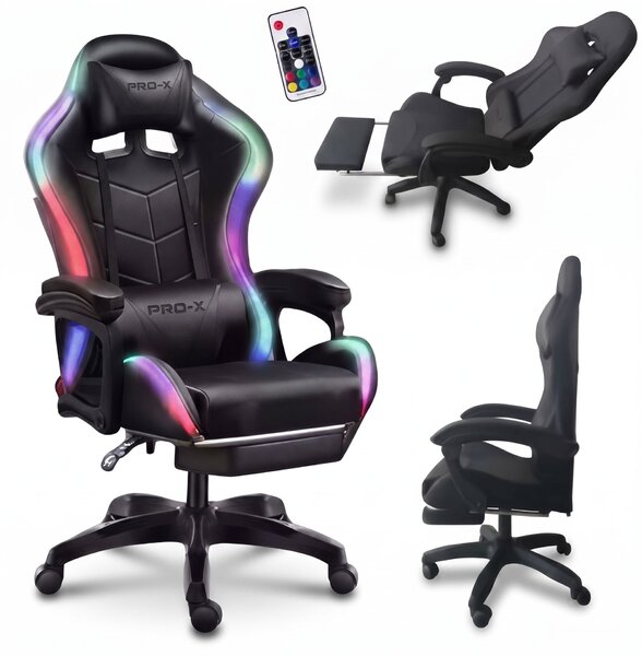 GOBOLED Gamer szék lábtartóval és LED világítással - fekete