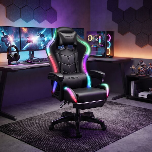 GOBOLED Gamer szék lábtartóval és LED világítással - fekete