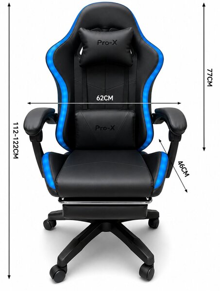 GOBOLED Gamer szék lábtartóval és LED világítással - fekete