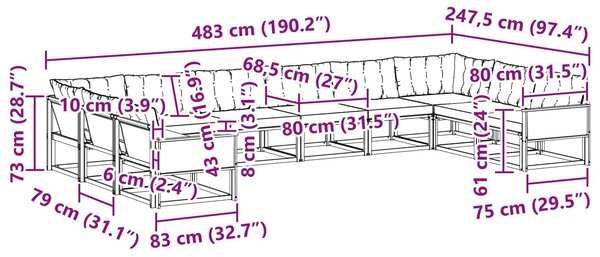 VidaXL Kültéri kanapé szett párnával 10 pcs Természetes és Fekete