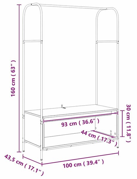 VidaXL Ruhafogó tárolóval Barna Tölgy 100 x 44 x 160 cm Faanyag