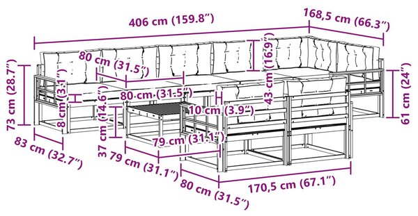 VidaXL Kültéri kanapé szett 9 pcs Fehér és Krém színű 79 x 79 x 37 cm