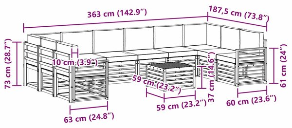 VidaXL Kültéri kanapé szett 11 pcs Fehér és Bézs 59 x 59 x 37 cm