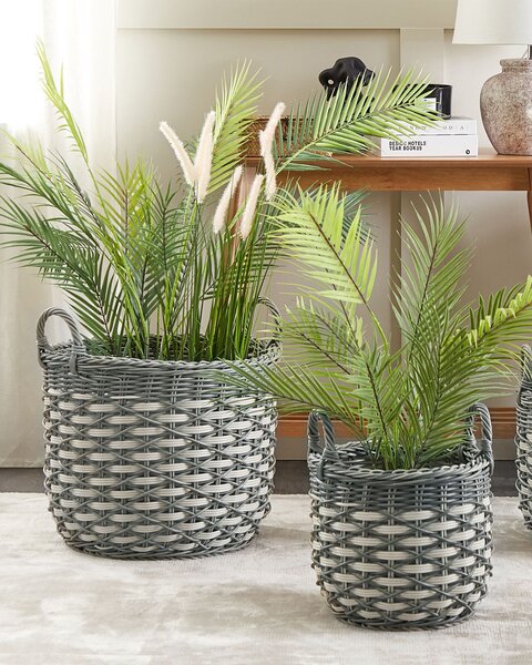 3 darabos fonott virágtartó szett GEFIRA PE Rattan 31/39/49 cm Szürke