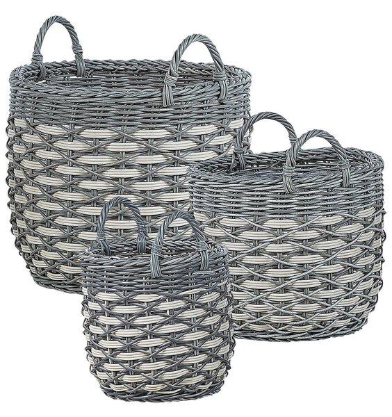 3 darabos fonott virágtartó szett GEFIRA PE Rattan 31/39/49 cm Szürke