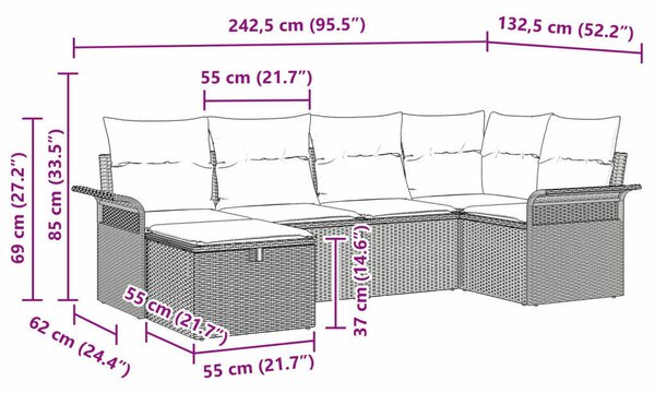 VidaXL Kerti Kanapé Szett párnával 6 pcs Barna és Piros polirattan