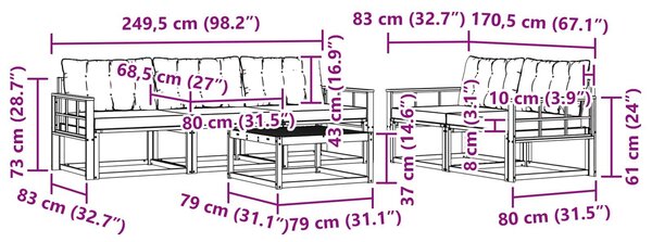 VidaXL Kültéri kanapé szett 6 pcs Fehér és Fekete 79 x 79 x 37 cm