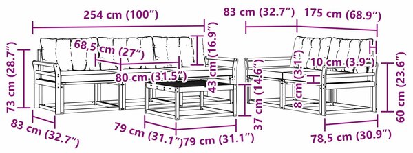 VidaXL Kültéri kanapé szett 6 pcs Fehér és Fekete 79 x 79 x 37 cm