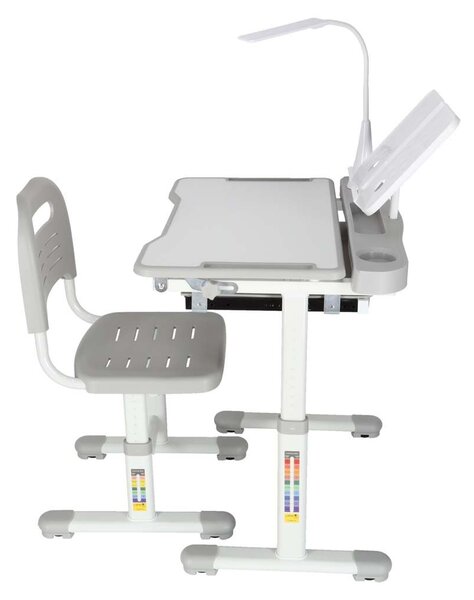 Állítható gyerek íróasztal székkel, USB LED lámpával, szürke