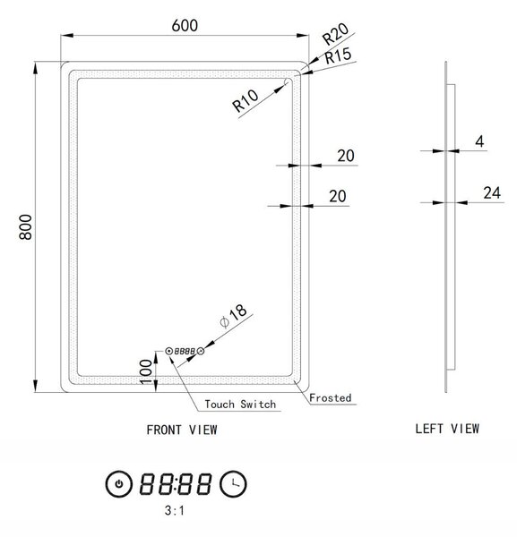 Welland Type-20 LED tükör - fényerő + színhőfok állítás + óra - 60 x 80 cm