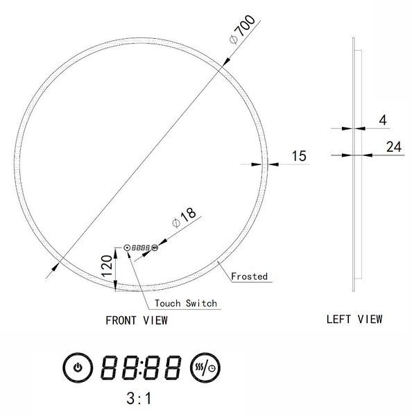 Welland Alpha LED tükör - fényerő + színhőfok állítás + páramentesítő + óra - Ø 70 cm
