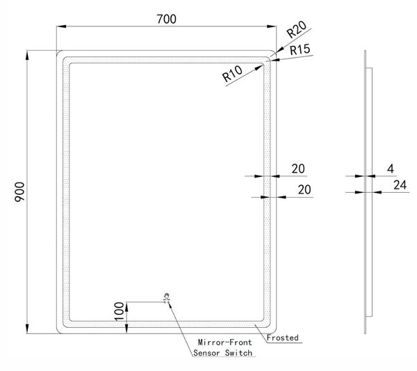 Welland Type-20V LED tükör - fényerő + színhőfok állítás + páramentesítő + szenzoros kapcsoló - 70 x 90 cm
