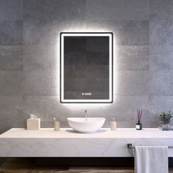 Álló fürdőszobai LED tükör 60x80cm | Páramentesítő - Óra - Fényerő és színhőmérséklet szabályozás | Welland Type20V