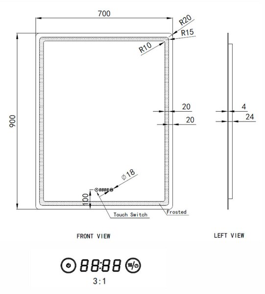 Welland Type-20V LED tükör - fényerő + színhőfok állítás + páramentesítő + óra - 70 x 90 cm