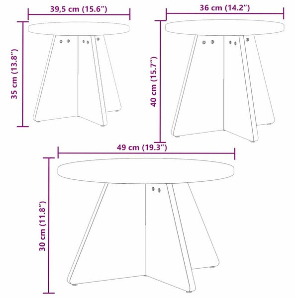 Dohányzóasztal 3 pcs Fehér 49 x 49 x 30 cm Tömör fenyőfa