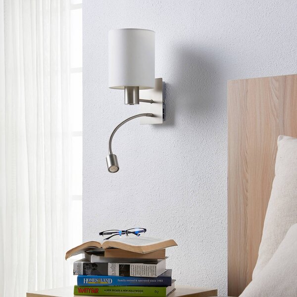 Lindby fali lámpa Shajan, 29 cm, textil, E27, LED-es olvasólámpa, Fehér / opál, Nappali / Étkező, Textil / szövet / selyem, Modern