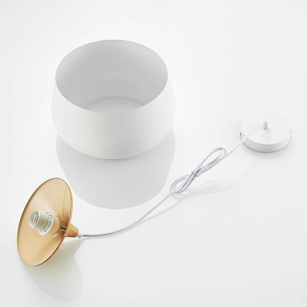 Lindby függőlámpa Vilsera, fehér, fém/fa, 26 cm, E27, dimmelhető, Fehér / opál, Nappali / Étkező, fém, Skandináv