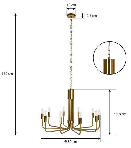 Lindby csillár Elanova, sárgaréz, 10 lámpás, Ø 80 cm, E14, dimmelhető, Sárgaréz / arany, Nappali / Étkező, fém, Antik