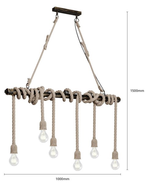 Lindby függőlámpa Hajo, 100 cm, hatlámpás, kötél függőlámpa, dimmelhető, Barna / rozsda, Nappali / Étkező, fém, Vintage