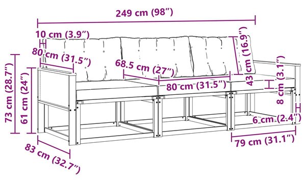 VidaXL Kültéri kanapé szett párnával 3 pcs Természetes és Fekete