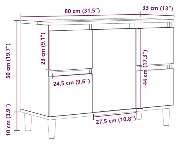Kézműves tölgy színű szerelt fa mosdószekrény 80 x 33 x 60 cm