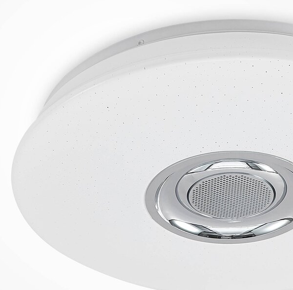 Lindby Elpida LED mennyezeti lámpa, hangszóró, fehér, Ø 39cm, dimmelhető, Fehér / opál, Nappali / Étkező, Műanyag, Modern