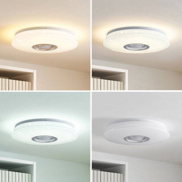 Lindby Elpida LED mennyezeti lámpa, hangszóró, fehér, Ø 39cm, dimmelhető, Fehér / opál, Nappali / Étkező, Műanyag, Modern