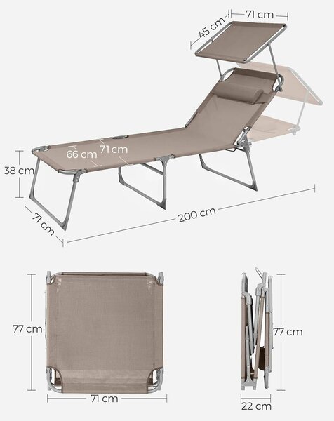Összecsukható napozóágy napernyővel és fejtámlával, 4 pozícióra állítható háttámla, légáteresztő szintetikus szövet, max 150 kg, 200x71x38 cm, taupe