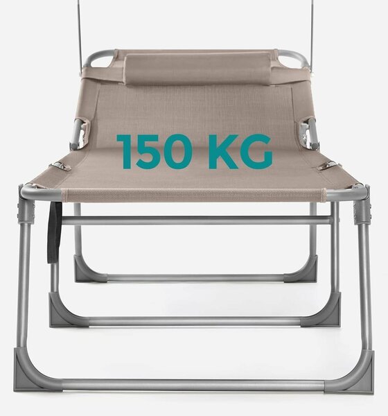 Összecsukható napozóágy napernyővel és fejtámlával, 4 pozícióra állítható háttámla, légáteresztő szintetikus szövet, max 150 kg, 200x71x38 cm, taupe