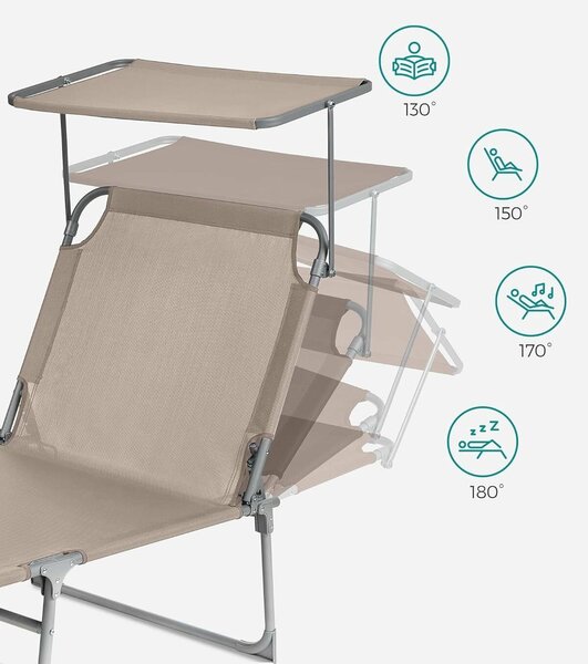 Összecsukható napozóágy napernyővel és fejtámlával, 4 pozícióra állítható háttámla, légáteresztő szintetikus szövet, max 150 kg, 200x71x38 cm, taupe