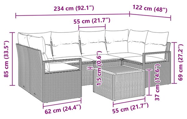 VidaXL Kerti kanapé szett párnával, 7 részes, Fekete polirattan