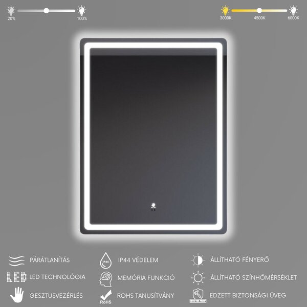 Álló fürdőszobai LED tükör 70x90cm | Gesztusvezérlés - Páramentesítő - Fényerő és színhőmérséklet szabályozás | Welland Type20V