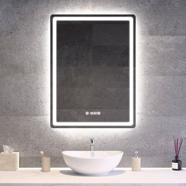 Álló fürdőszobai LED tükör 60x80cm | Páramentesítő - Óra - Fényerő és színhőmérséklet szabályozás | Welland Type20V