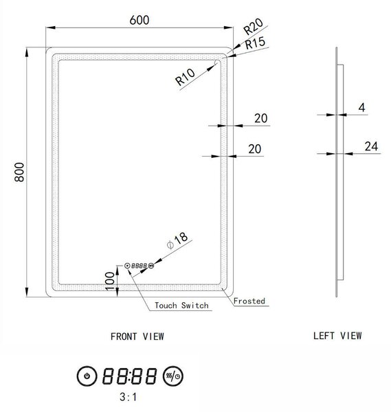 Álló fürdőszobai LED tükör 60x80cm | Páramentesítő - Óra - Fényerő és színhőmérséklet szabályozás | Welland Type20V