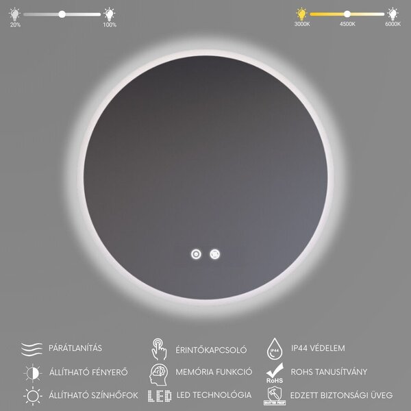 Kerek Led tükör Ø60cm Welland Alpha | Páramentesítő - Fényerő + színhőfok állítás