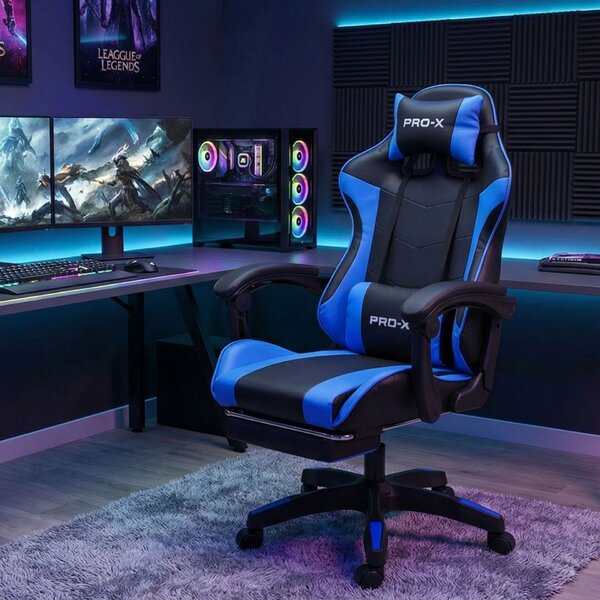 GOBORELAX Gamer szék lábtartóval, masszázsfunkcióval - kék-fekete