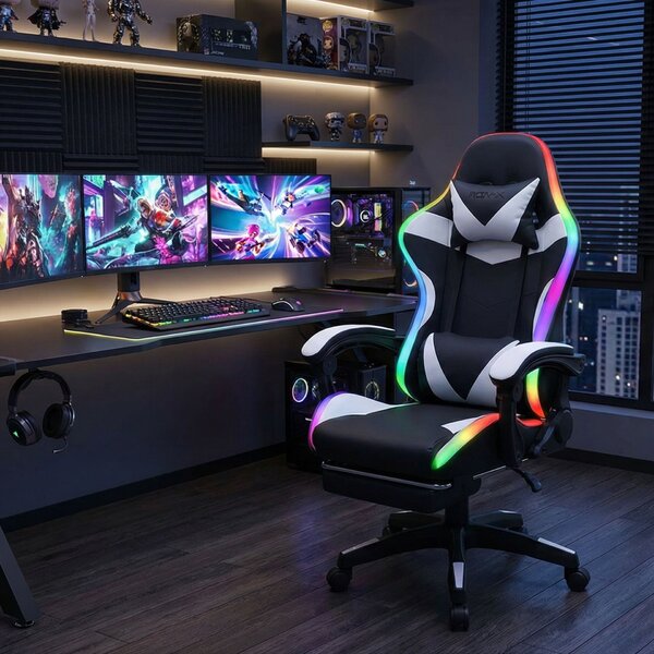 GOBOLED Gamer szék lábtartóval LED világítással - fekete-fehér