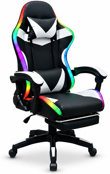 GOBOLED Gamer szék lábtartóval LED világítással - fekete-fehér