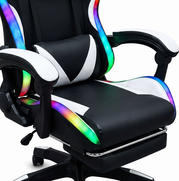 GOBOLED Gamer szék lábtartóval LED világítással - fekete-fehér