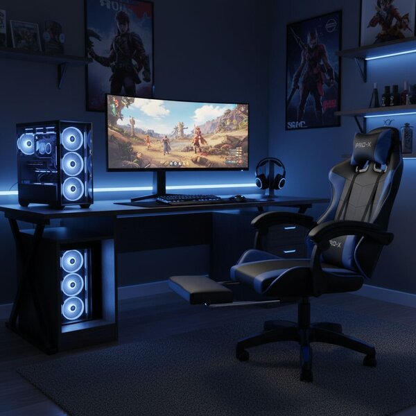 GOBORELAX Gamer szék lábtartóval, masszázsfunkcióval - kék-fekete