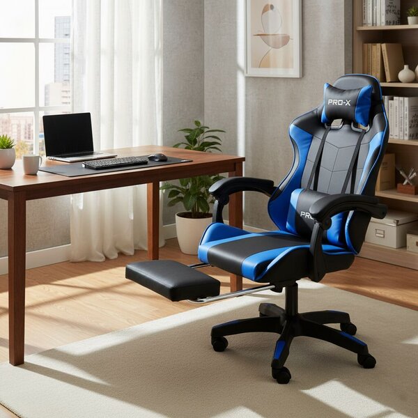 GOBORELAX Gamer szék lábtartóval, masszázsfunkcióval - kék-fekete