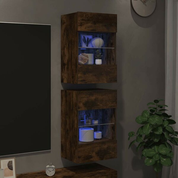 2 db füstös tölgy fali szekrények LED világítással TV-hez 40x30x60,5 cm