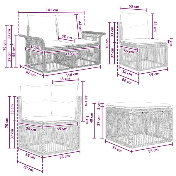 VidaXL Kerti Kanapé Szett 7 pcs Fekete polirattan