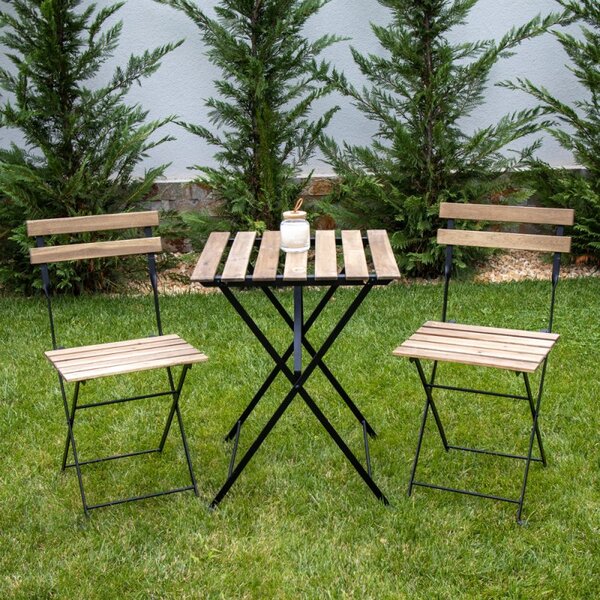 Fém kerti bútor szett - asztal és 2 szék, fa felülettel