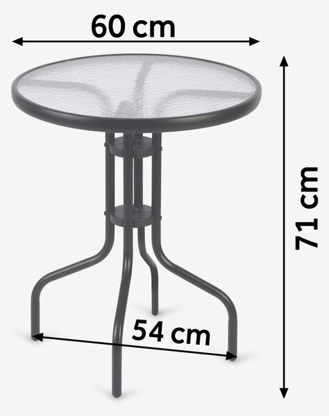 Sofotel fekete kerti bútor szett 60 cm magas asztal edzett üveglappal + 2 db szék (vízálló, porszórt acél váz, UV-álló)