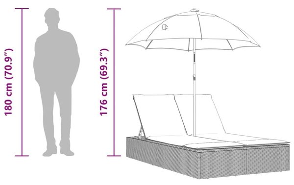 VidaXL barna polyrattan dupla napozóágy párnákkal és napernyővel