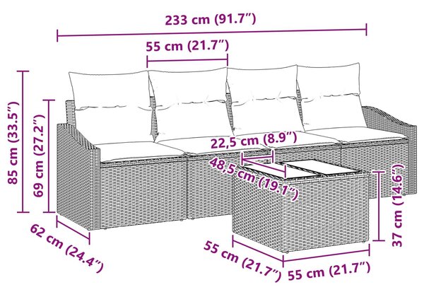 VidaXL Kanapé Szett párnával 5 pcs Fekete és Türkiz polirattan