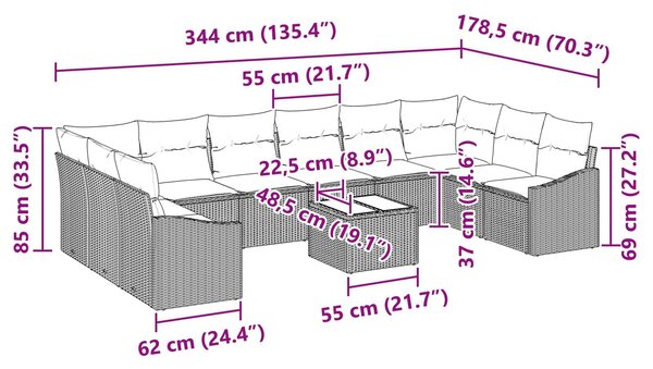 VidaXL Kanapé Szett párnával 11 pcs Fekete polirattan