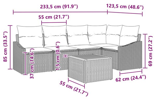 VidaXL Kerti Kanapé Szett párnával 6 pcs Fekete polirattan